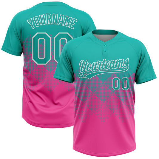 Custom Aqua Pink-White 3D Gradient Square Shape Two-Button Unisex Softball Jersey - Main View