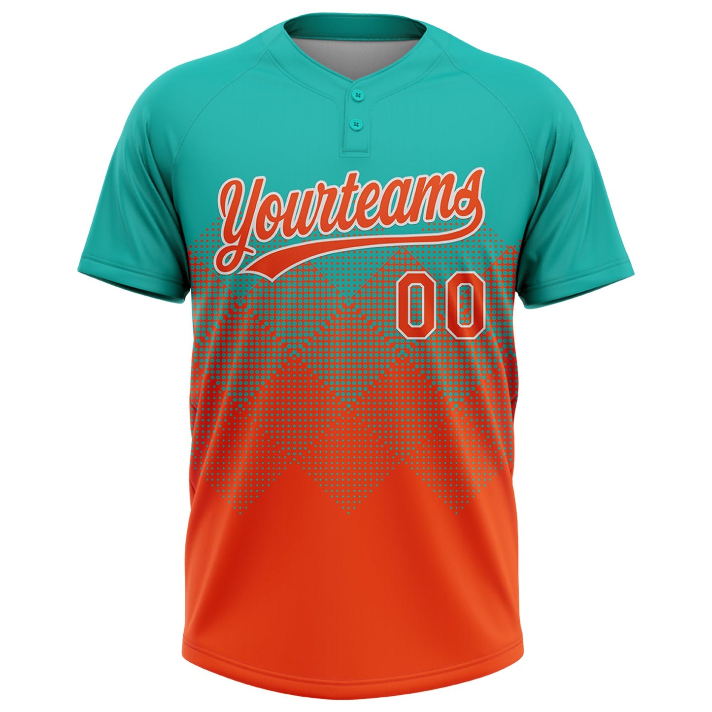 Custom Aqua Orange-White 3D Gradient Square Shape Two-Button Unisex Softball Jersey view 2