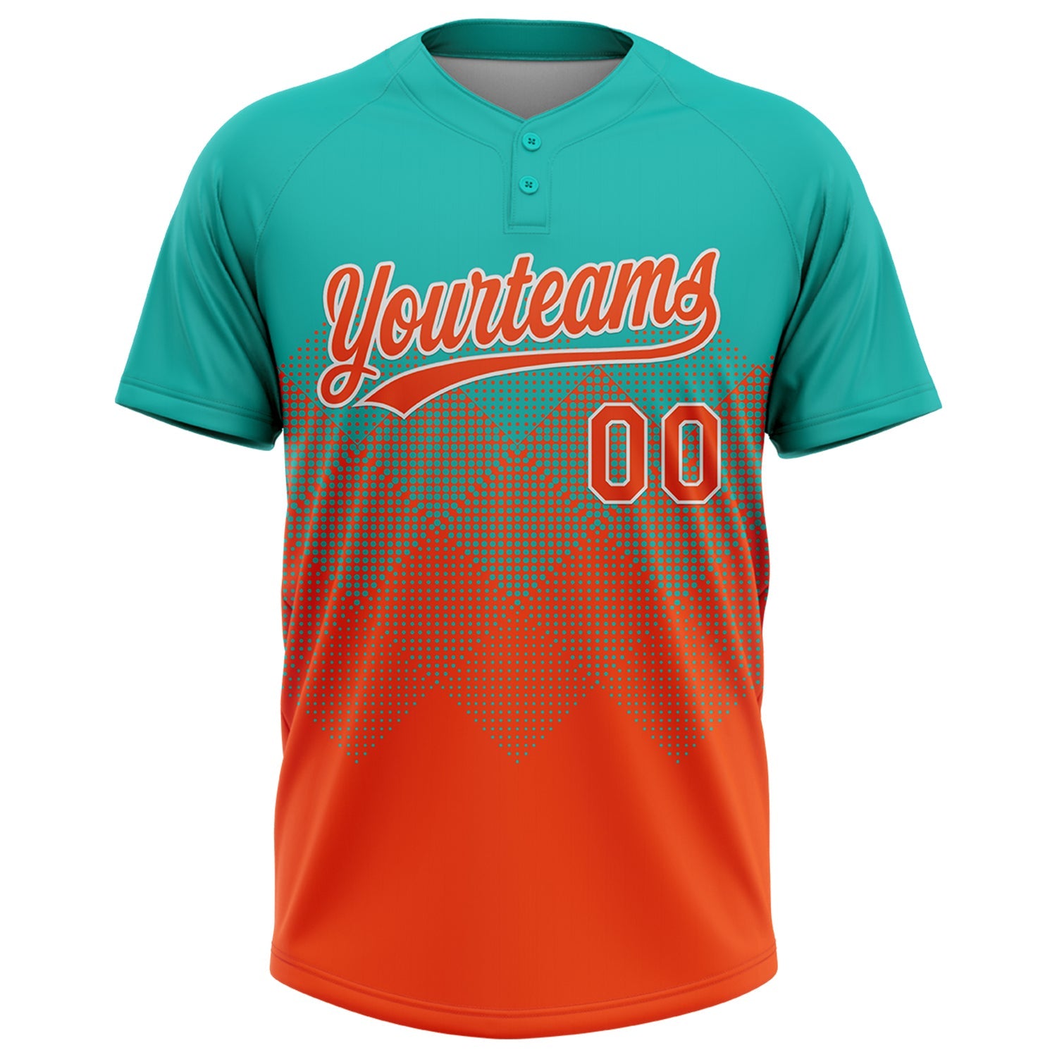 Custom Aqua Orange-White 3D Gradient Square Shape Two-Button Unisex Softball Jersey view 2