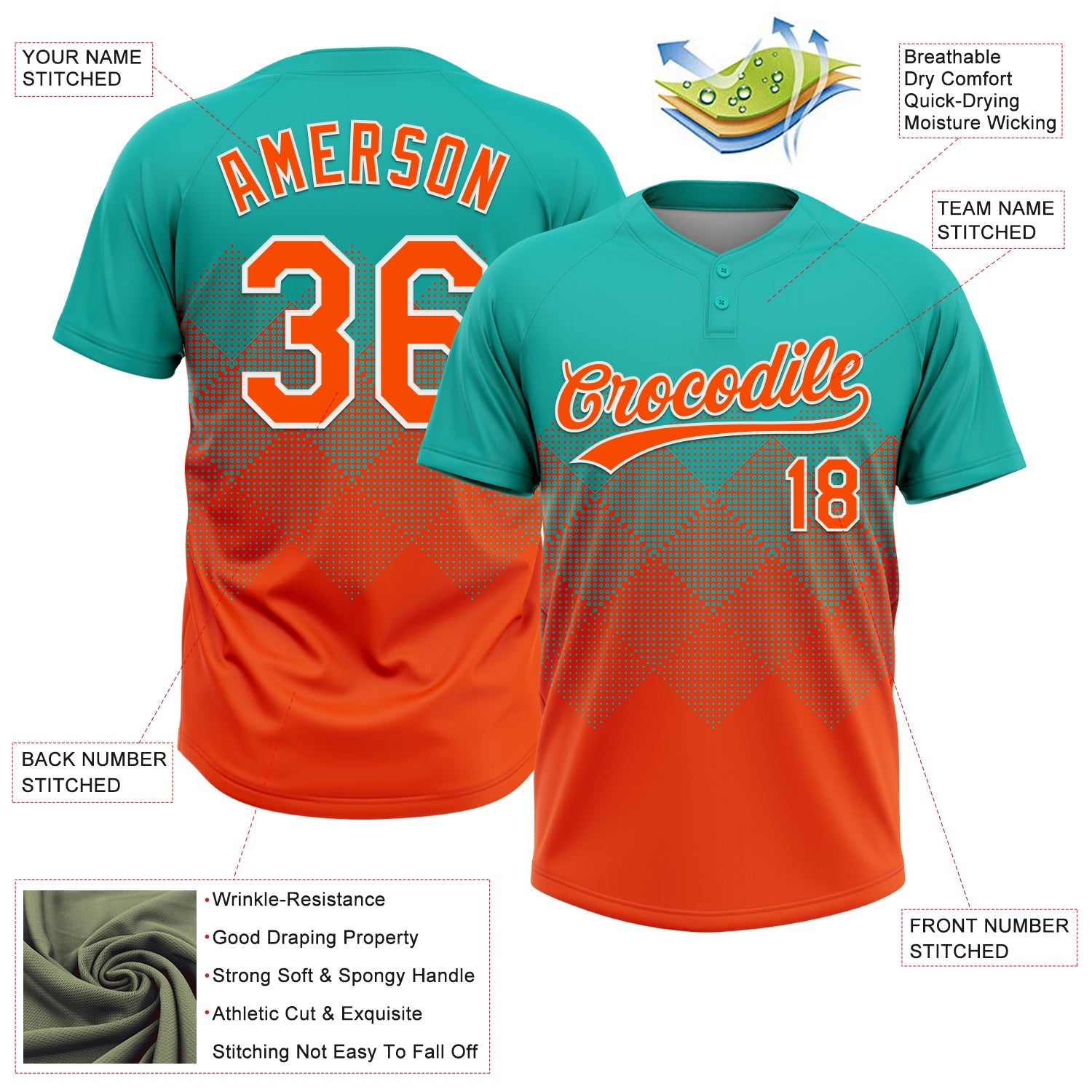 Custom Aqua Orange-White 3D Gradient Square Shape Two-Button Unisex Softball Jersey view 3