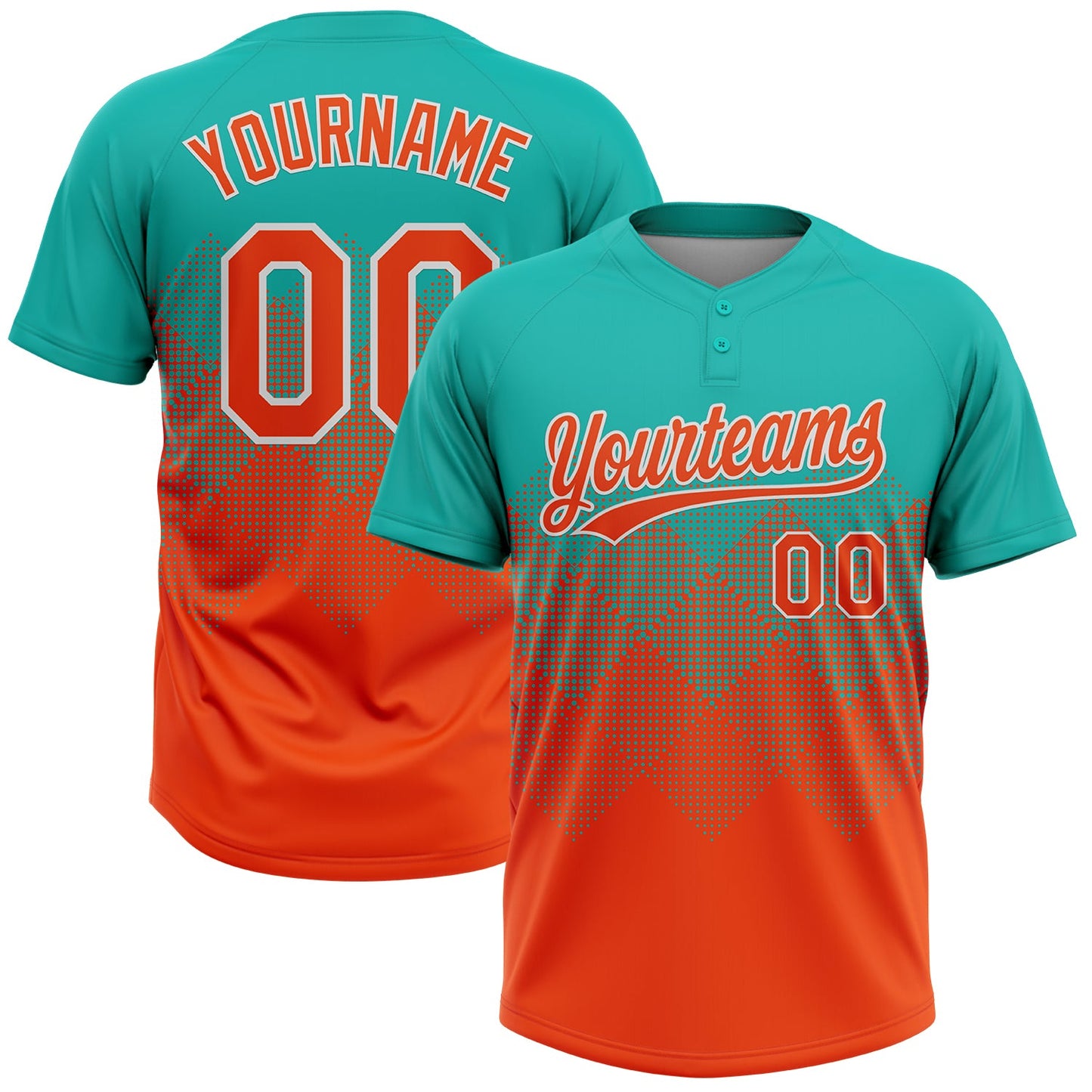 Custom Aqua Orange-White 3D Gradient Square Shape Two-Button Unisex Softball Jersey - Main View