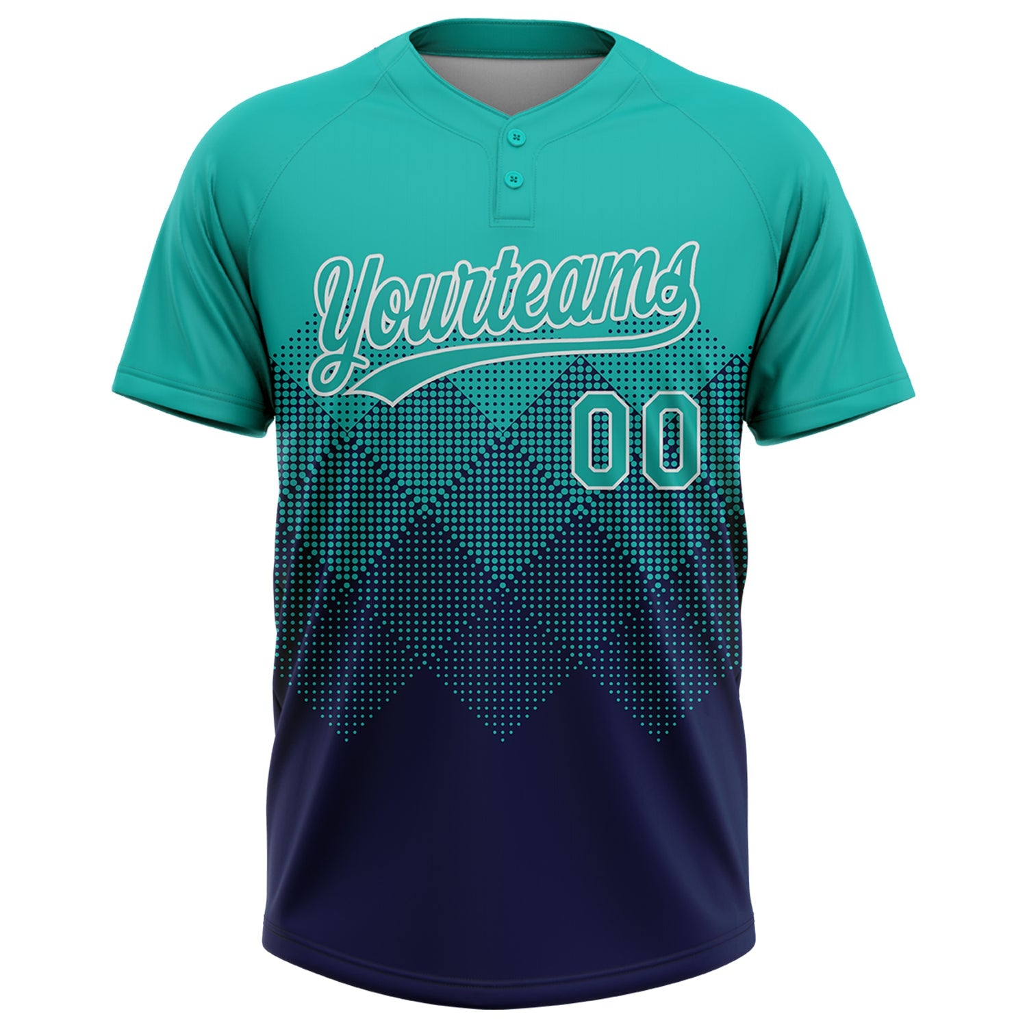 Custom Aqua Navy-White 3D Gradient Square Shape Two-Button Unisex Softball Jersey view 2