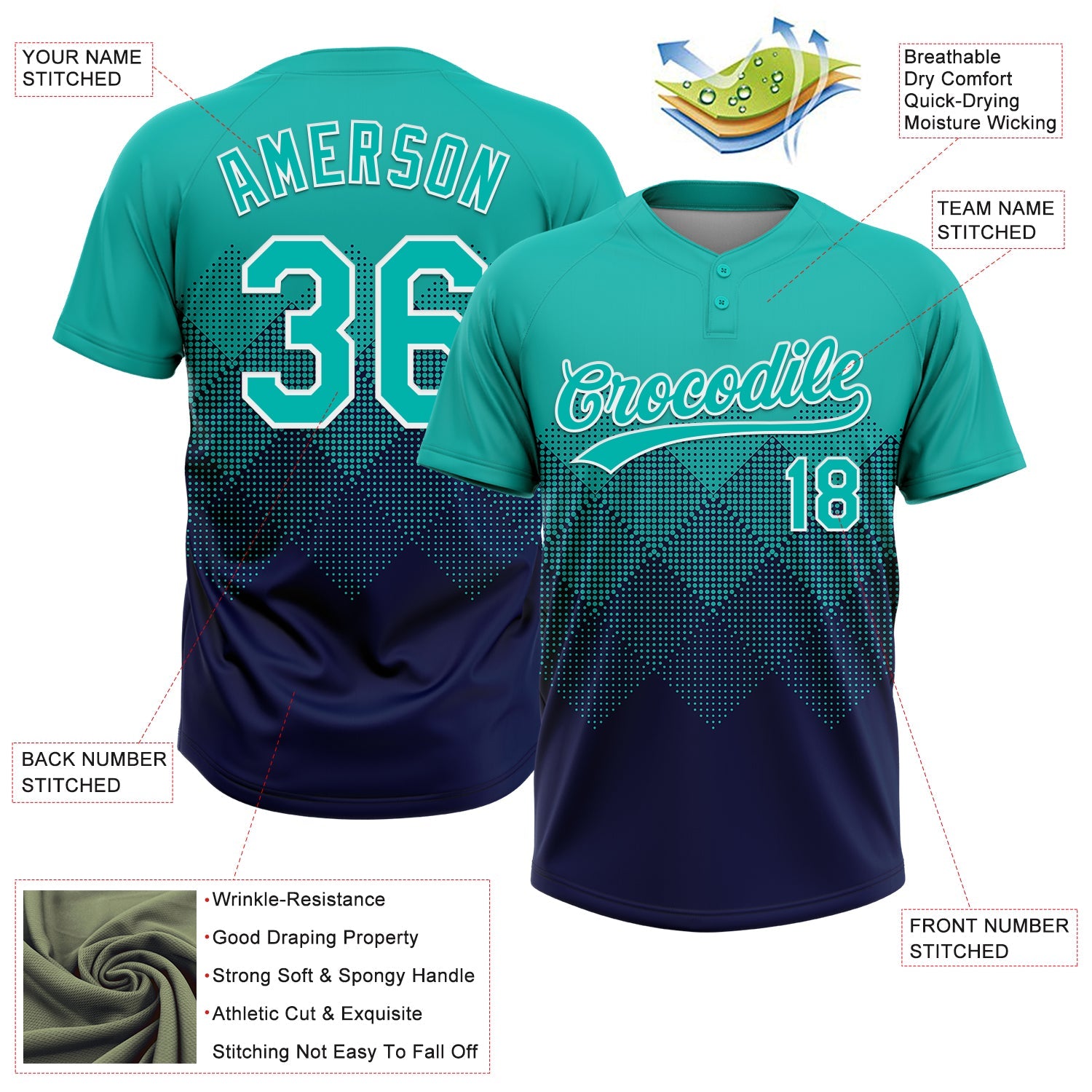 Custom Aqua Navy-White 3D Gradient Square Shape Two-Button Unisex Softball Jersey view 3