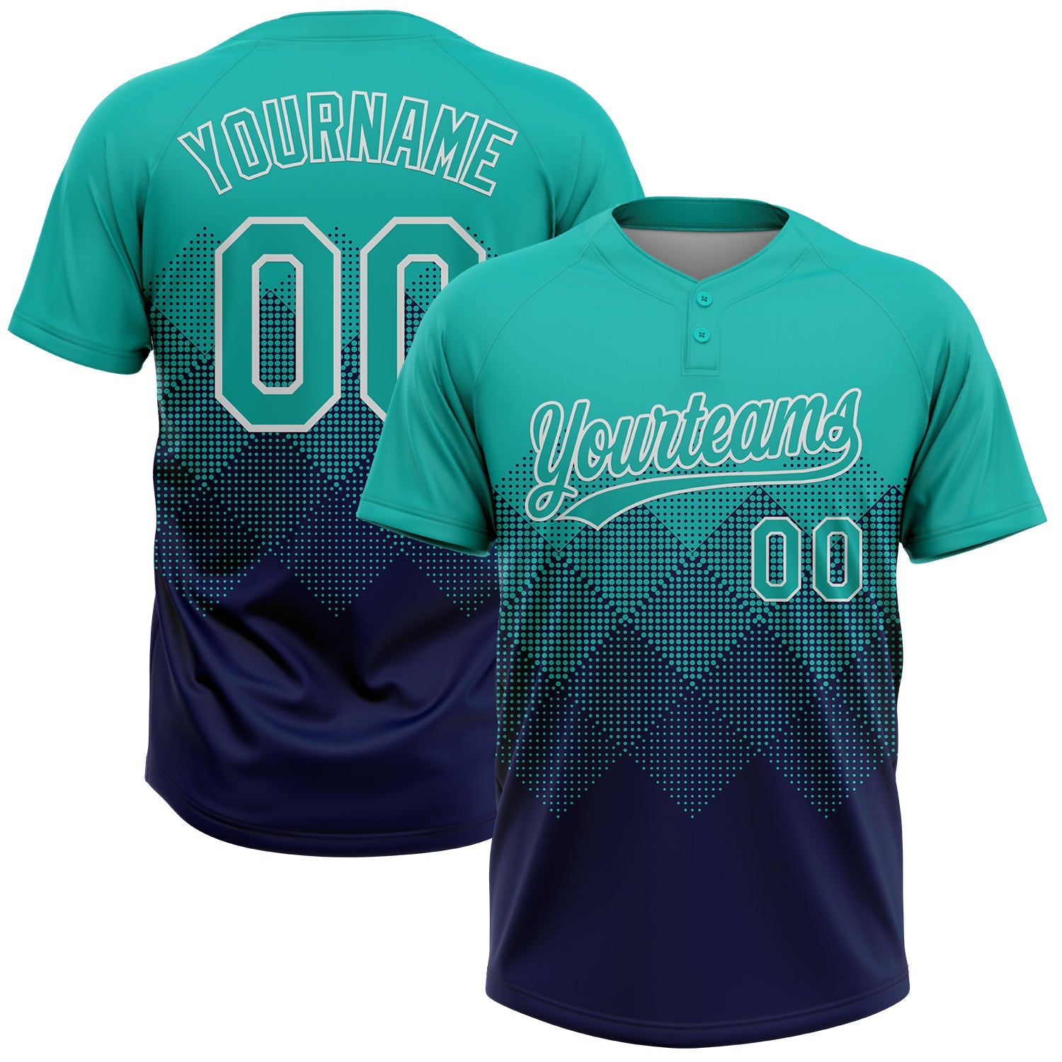 Custom Aqua Navy-White 3D Gradient Square Shape Two-Button Unisex Softball Jersey - Main View