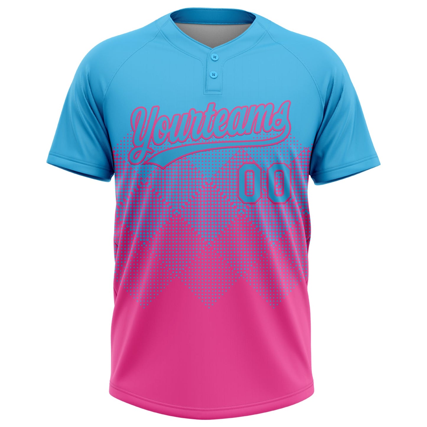 Custom Sky Blue Pink 3D Gradient Square Shape Two-Button Unisex Softball Jersey view 2