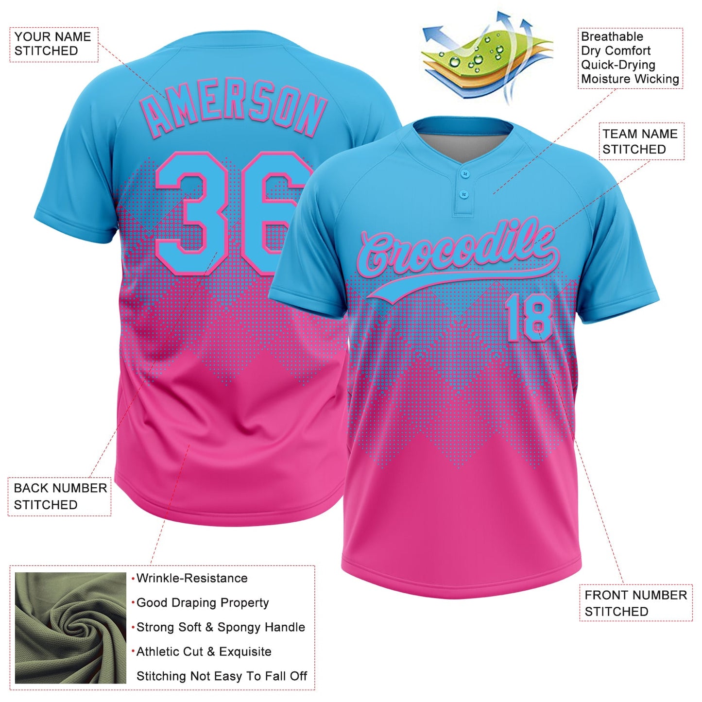 Custom Sky Blue Pink 3D Gradient Square Shape Two-Button Unisex Softball Jersey view 3