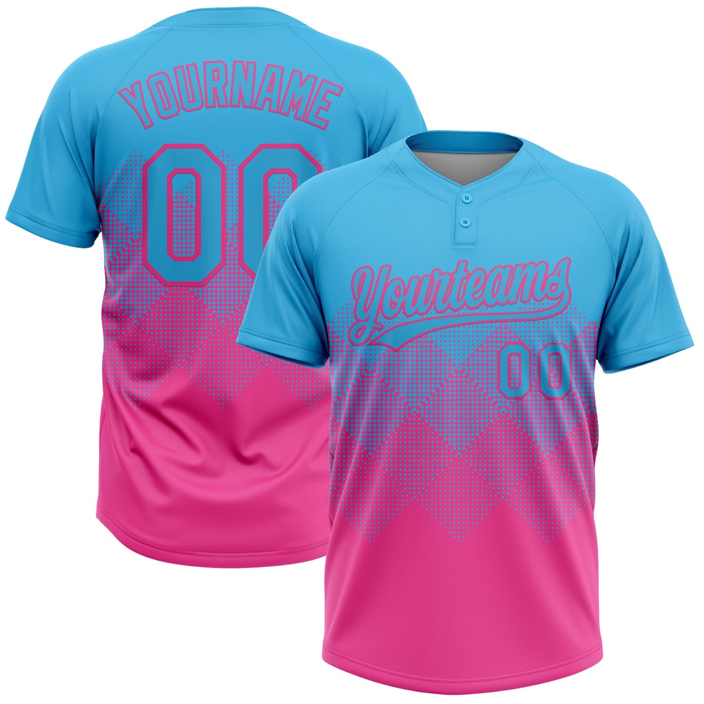 Custom Sky Blue Pink 3D Gradient Square Shape Two-Button Unisex Softball Jersey - Main View