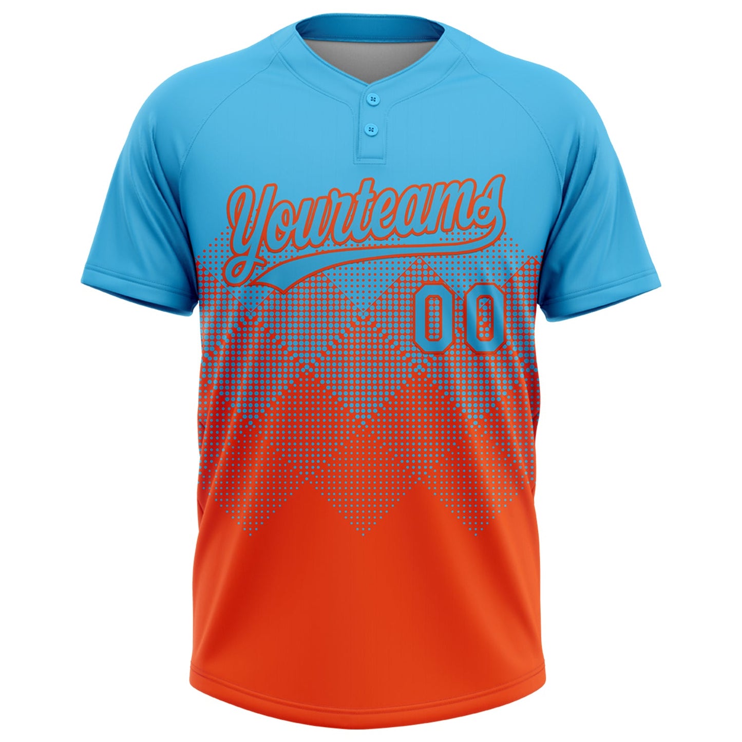 Custom Sky Blue Orange 3D Gradient Square Shape Two-Button Unisex Softball Jersey view 2