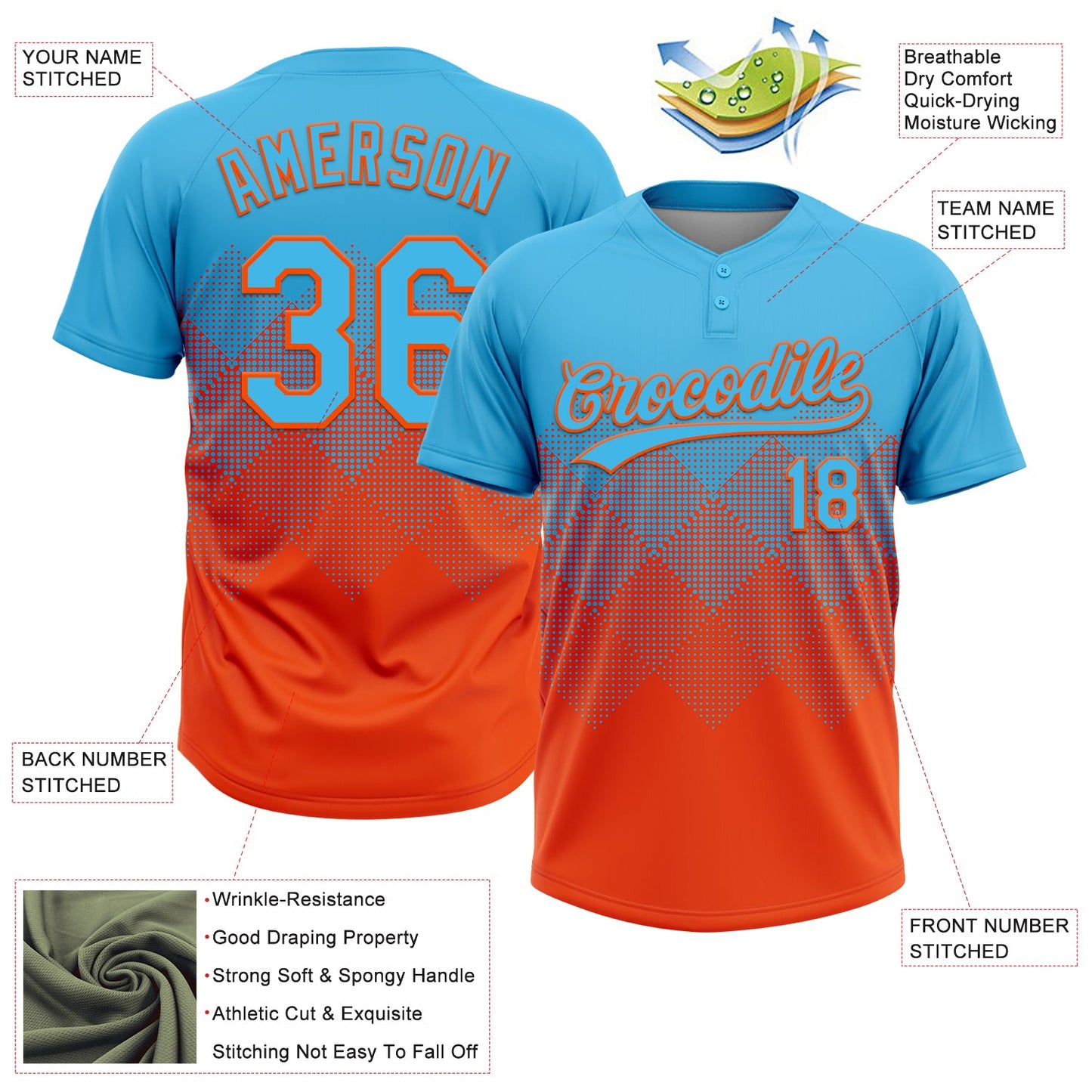 Custom Sky Blue Orange 3D Gradient Square Shape Two-Button Unisex Softball Jersey view 3