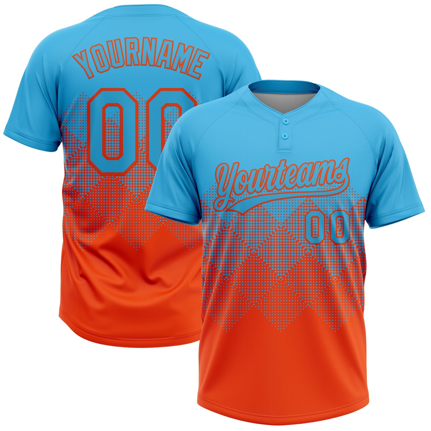 Custom Sky Blue Orange 3D Gradient Square Shape Two-Button Unisex Softball Jersey - Main View