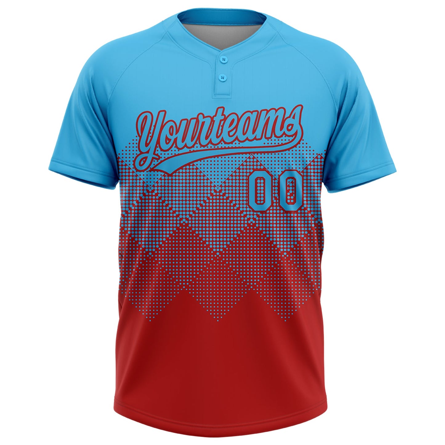 Custom Sky Blue Red 3D Gradient Square Shape Two-Button Unisex Softball Jersey view 2