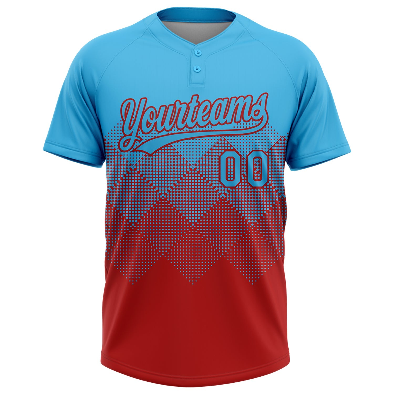 Custom Sky Blue Red 3D Gradient Square Shape Two-Button Unisex Softball Jersey view 2