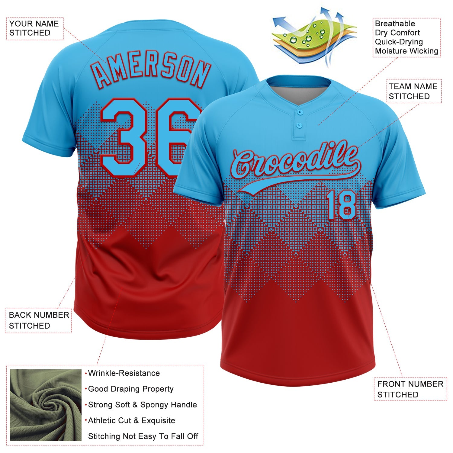Custom Sky Blue Red 3D Gradient Square Shape Two-Button Unisex Softball Jersey view 3