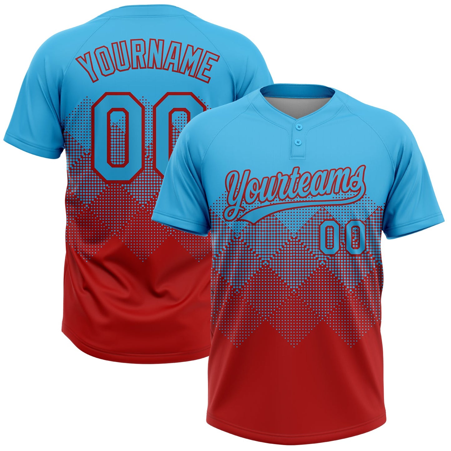 Custom Sky Blue Red 3D Gradient Square Shape Two-Button Unisex Softball Jersey - Main View