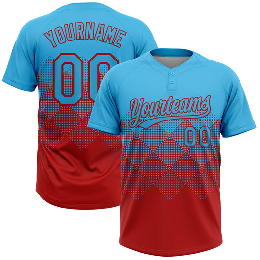 Custom Sky Blue Red 3D Gradient Square Shape Two-Button Unisex Softball Jersey - Main View