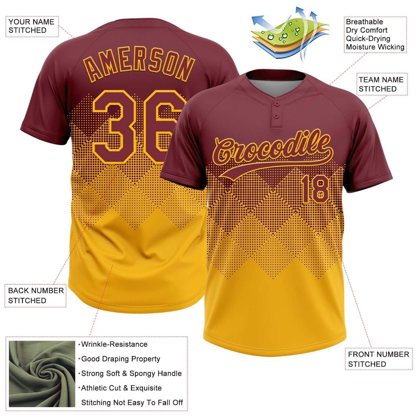 Custom Burgundy Gold 3D Gradient Square Shape Two-Button Unisex Softball Jersey view 3