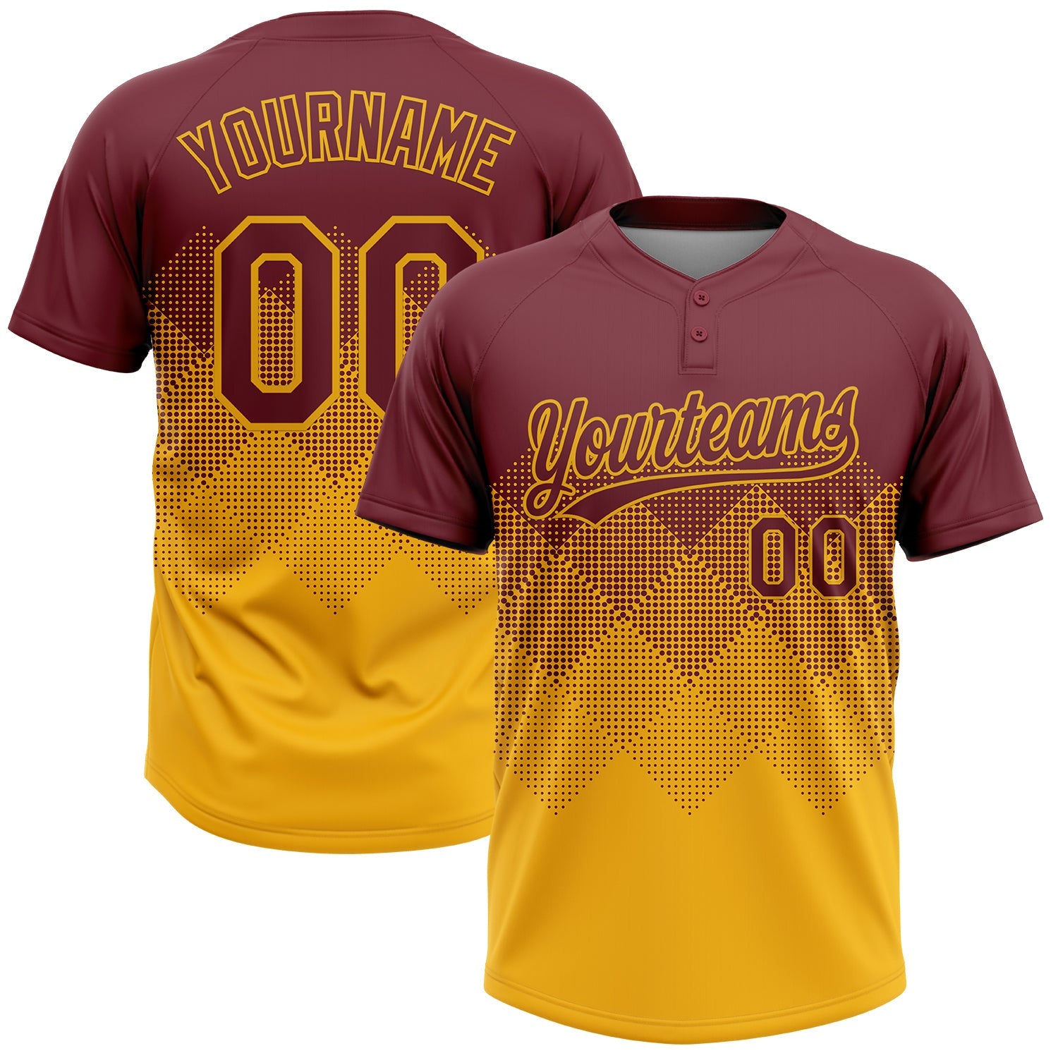 Custom Burgundy Gold 3D Gradient Square Shape Two-Button Unisex Softball Jersey - Main View