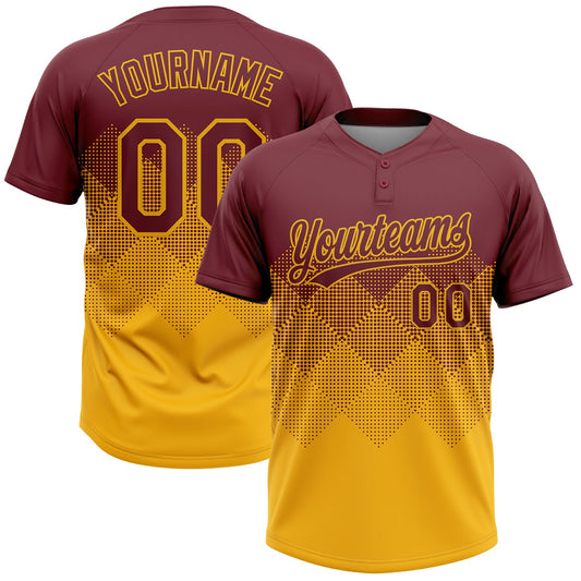 Custom Burgundy Gold 3D Gradient Square Shape Two-Button Unisex Softball Jersey - Main View