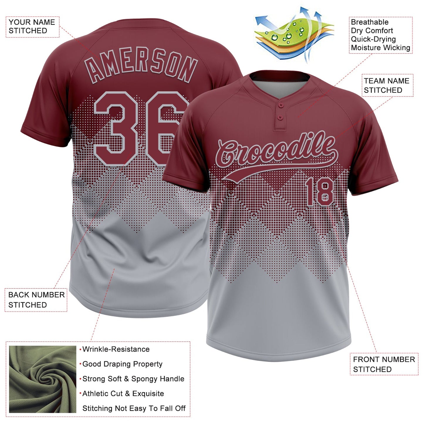 Custom Burgundy Gray 3D Gradient Square Shape Two-Button Unisex Softball Jersey view 3