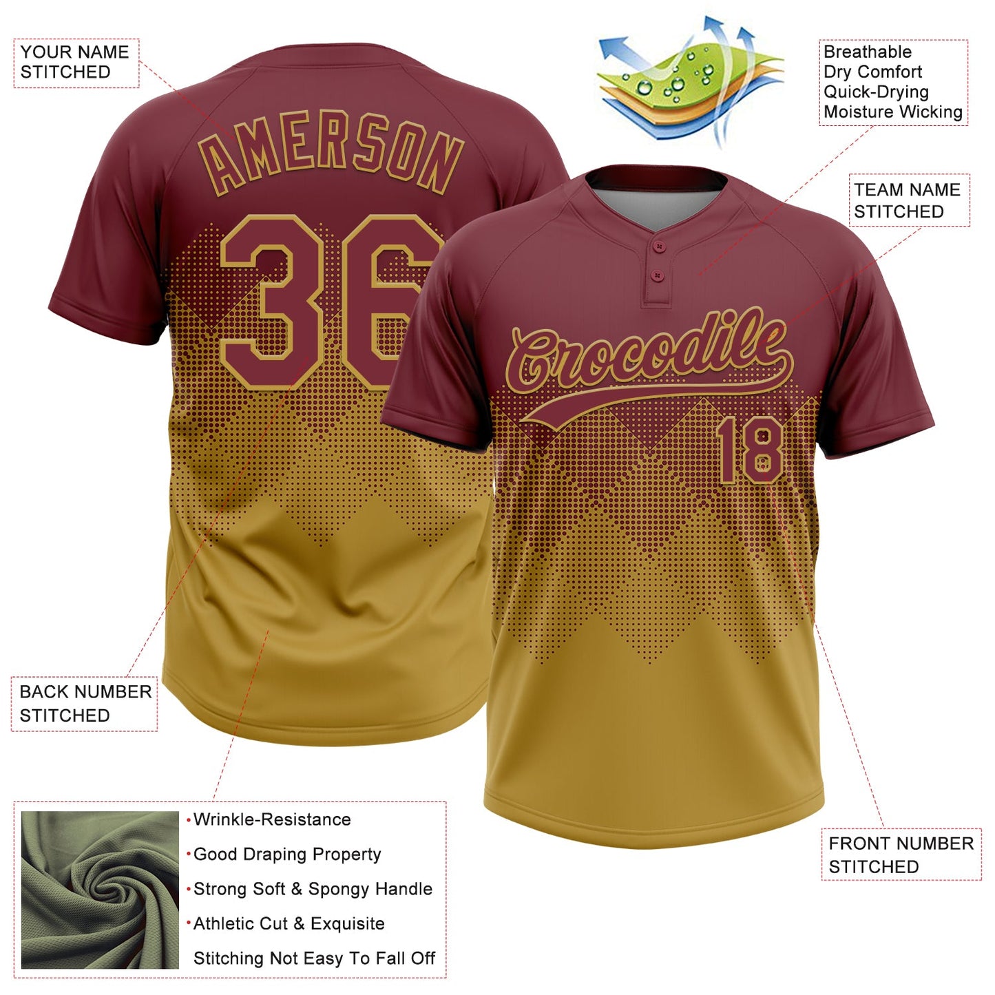 Custom Burgundy Old Gold 3D Gradient Square Shape Two-Button Unisex Softball Jersey view 3