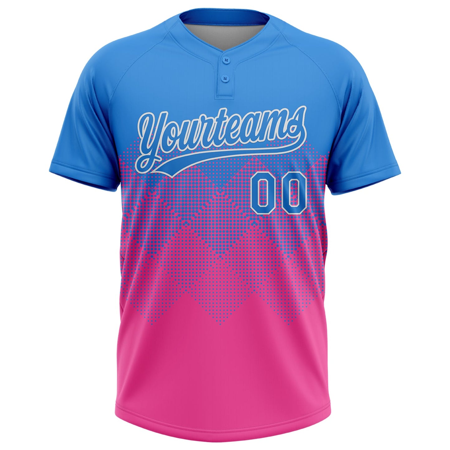 Custom Electric Blue Pink-White 3D Gradient Square Shape Two-Button Unisex Softball Jersey view 2