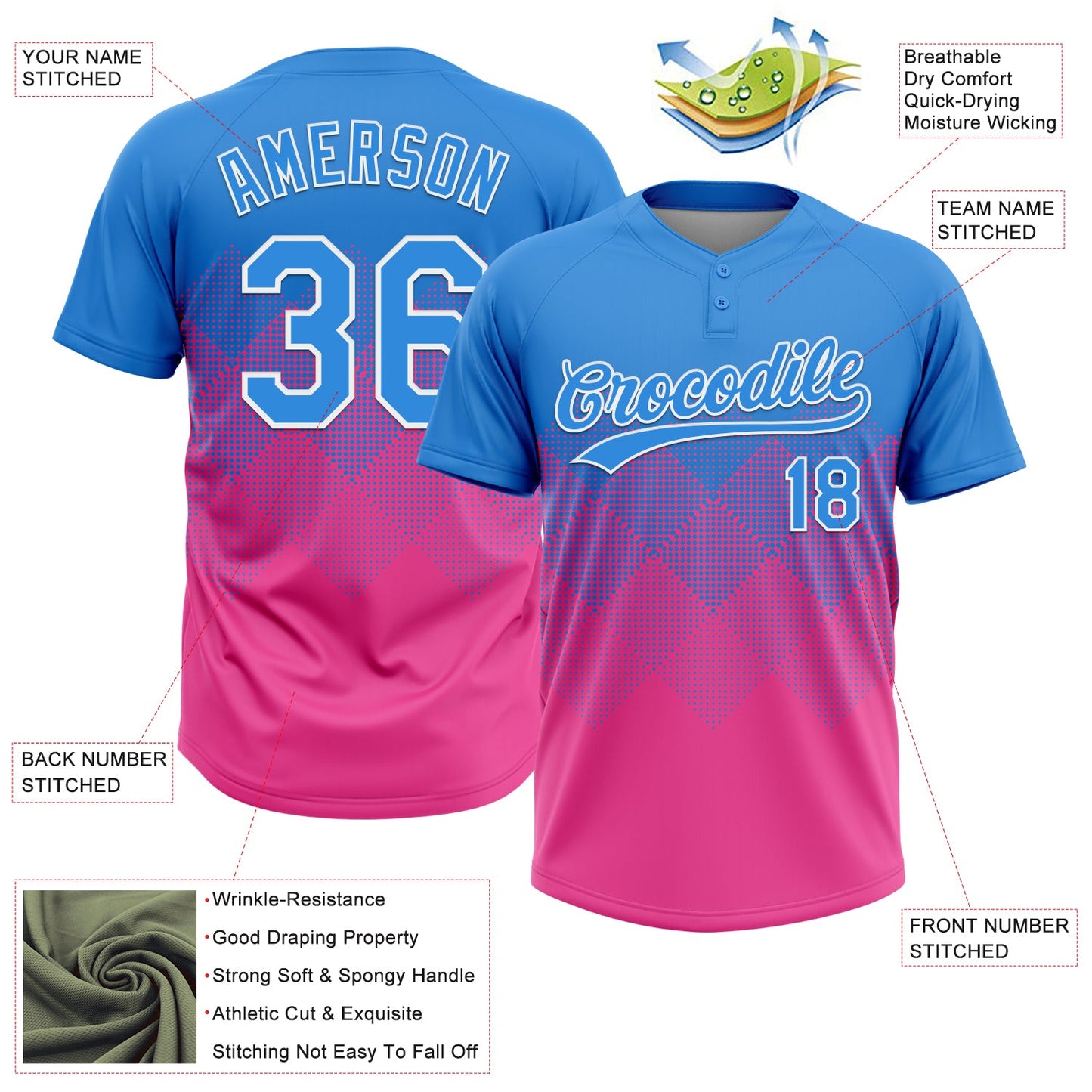 Custom Electric Blue Pink-White 3D Gradient Square Shape Two-Button Unisex Softball Jersey view 3