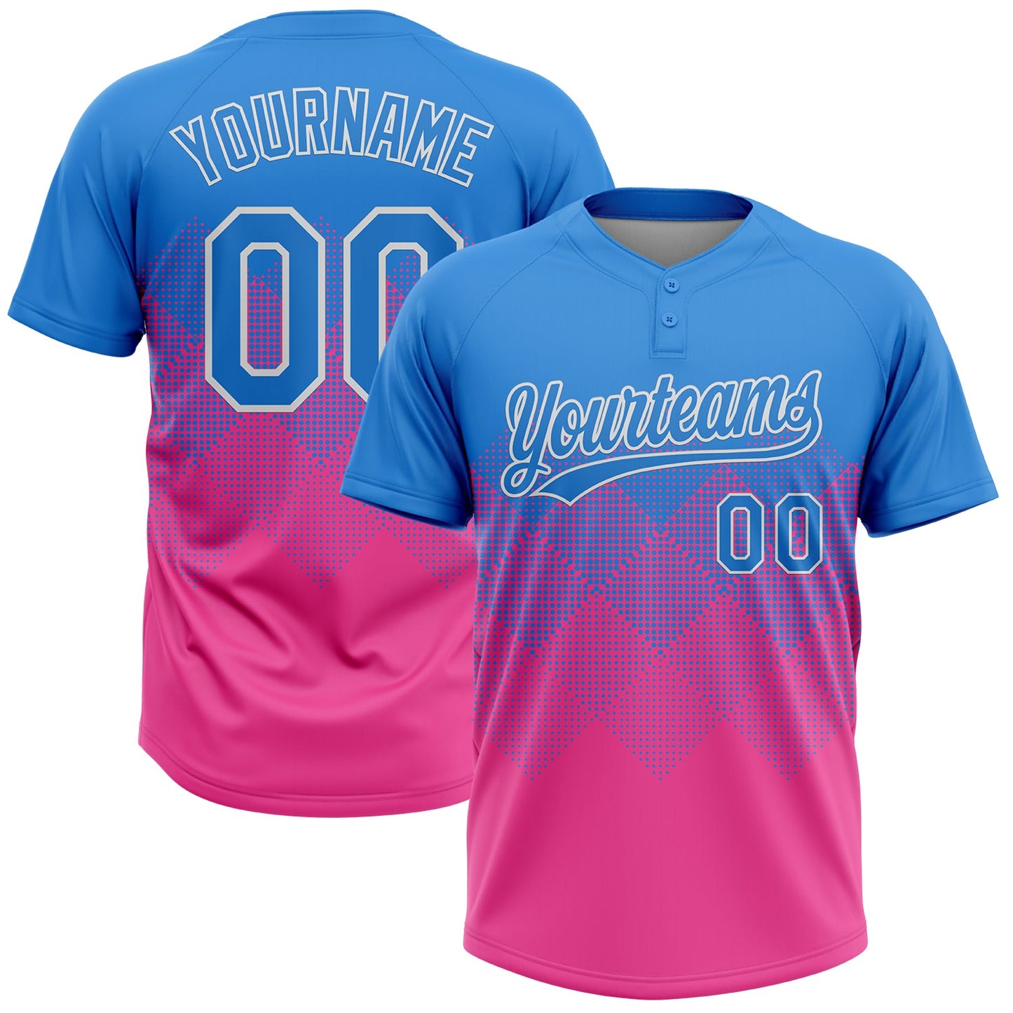 Custom Electric Blue Pink-White 3D Gradient Square Shape Two-Button Unisex Softball Jersey - Main View