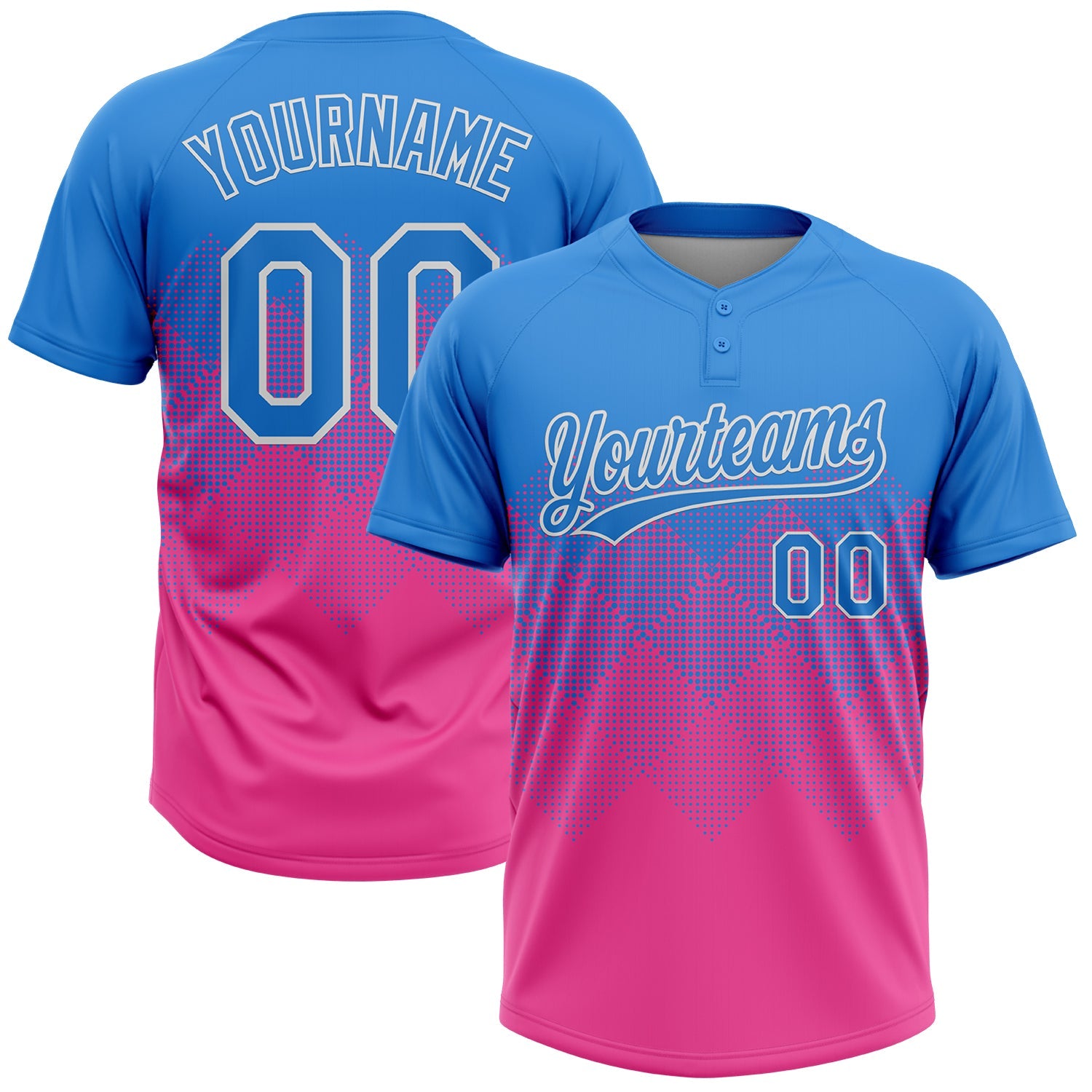 Custom Electric Blue Pink-White 3D Gradient Square Shape Two-Button Unisex Softball Jersey - Main View