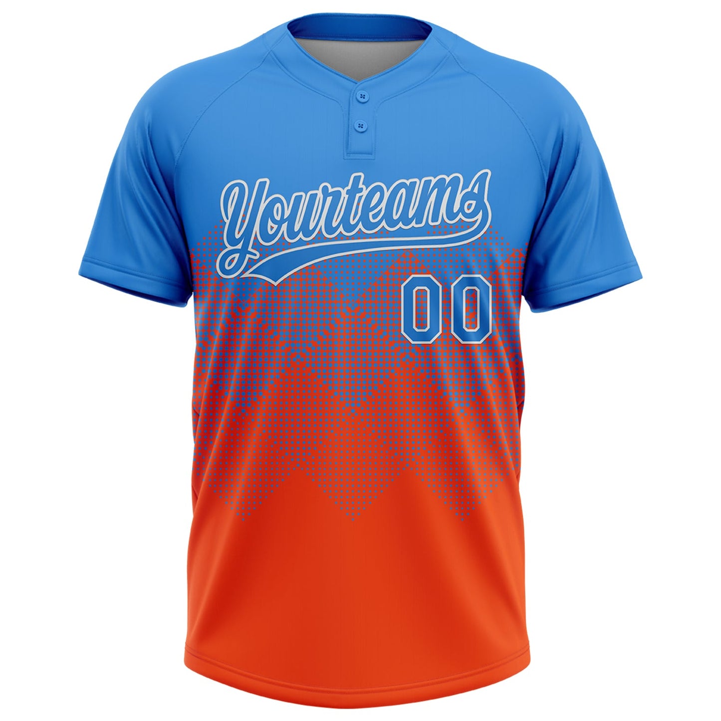 Custom Electric Blue Orange-White 3D Gradient Square Shape Two-Button Unisex Softball Jersey view 2