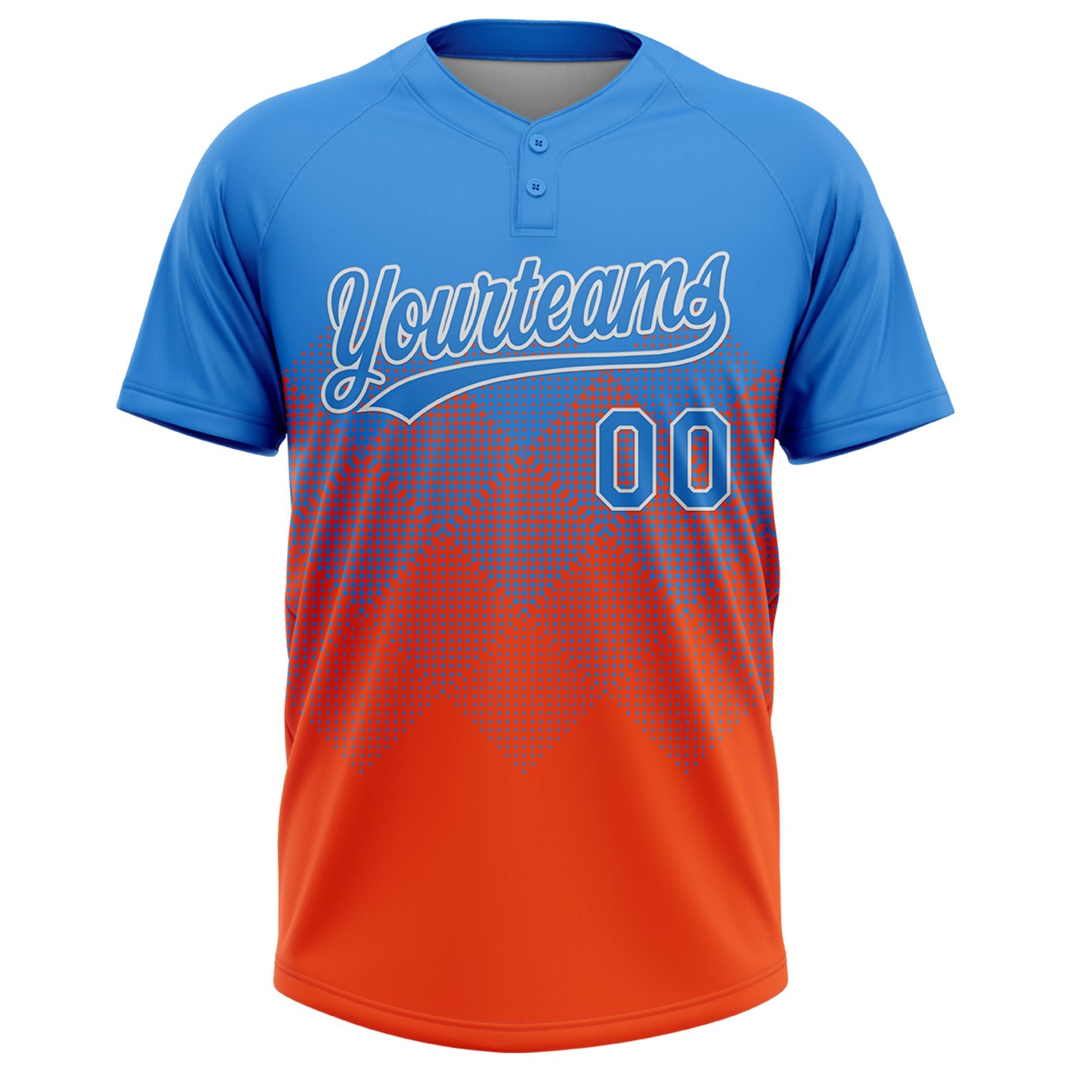 Custom Electric Blue Orange-White 3D Gradient Square Shape Two-Button Unisex Softball Jersey view 2