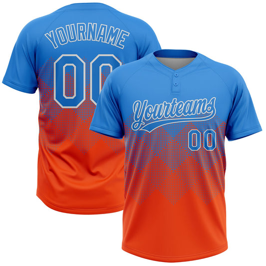 Custom Electric Blue Orange-White 3D Gradient Square Shape Two-Button Unisex Softball Jersey - Main View