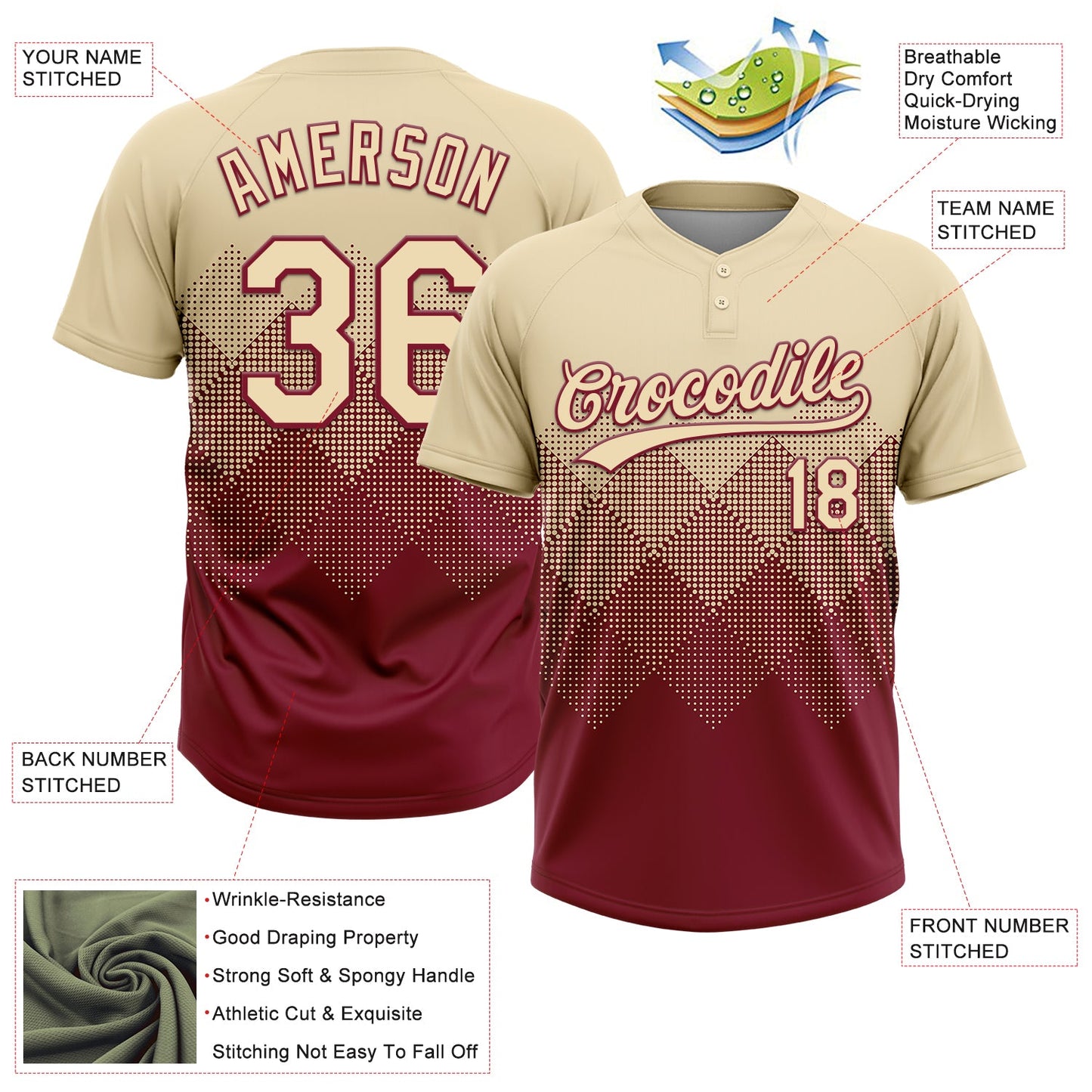 Custom Cream Crimson 3D Gradient Square Shape Two-Button Unisex Softball Jersey view 3
