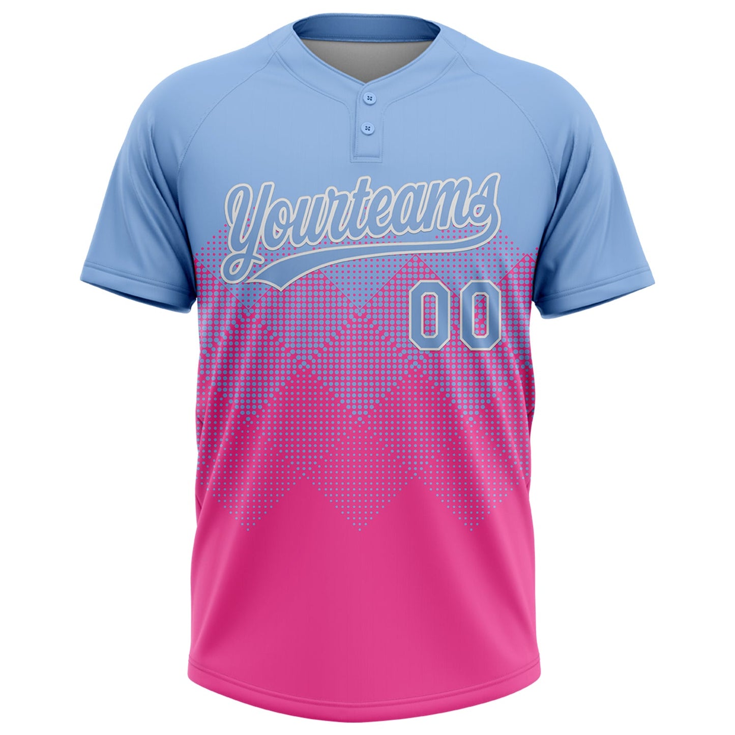 Custom Light Blue Pink-White 3D Gradient Square Shape Two-Button Unisex Softball Jersey view 2