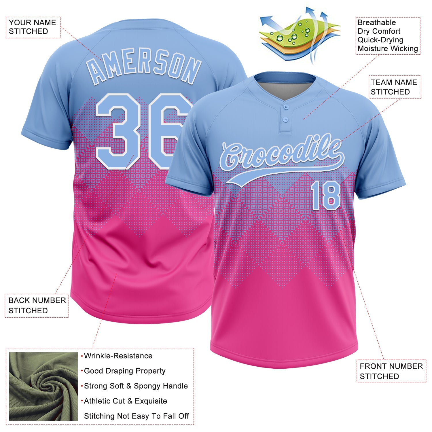 Custom Light Blue Pink-White 3D Gradient Square Shape Two-Button Unisex Softball Jersey view 3