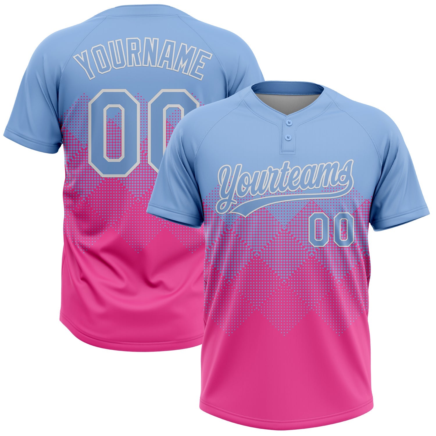 Custom Light Blue Pink-White 3D Gradient Square Shape Two-Button Unisex Softball Jersey - Main View