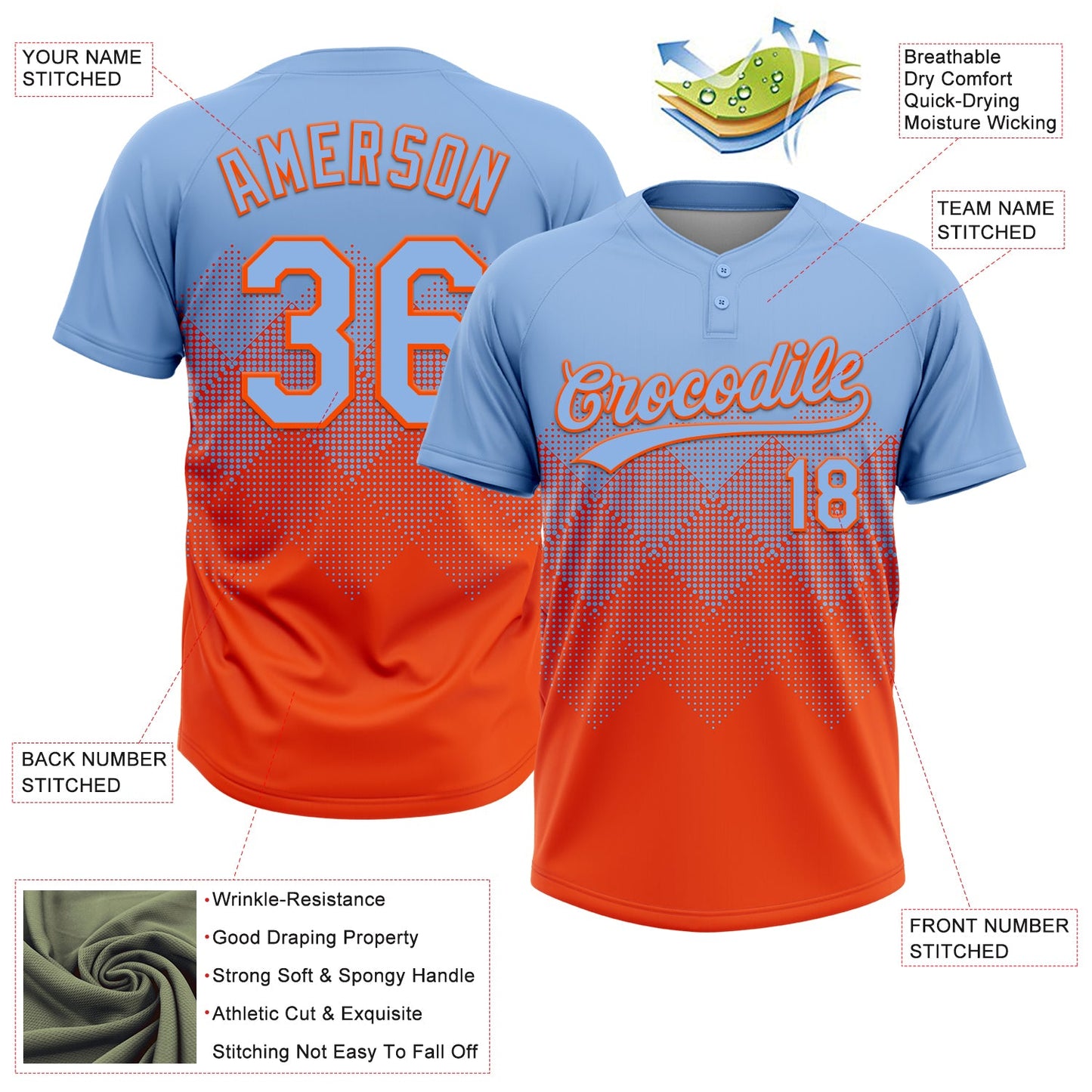 Custom Light Blue Orange 3D Gradient Square Shape Two-Button Unisex Softball Jersey view 3