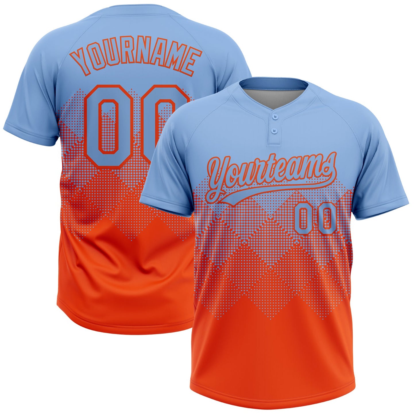 Custom Light Blue Orange 3D Gradient Square Shape Two-Button Unisex Softball Jersey - Main View