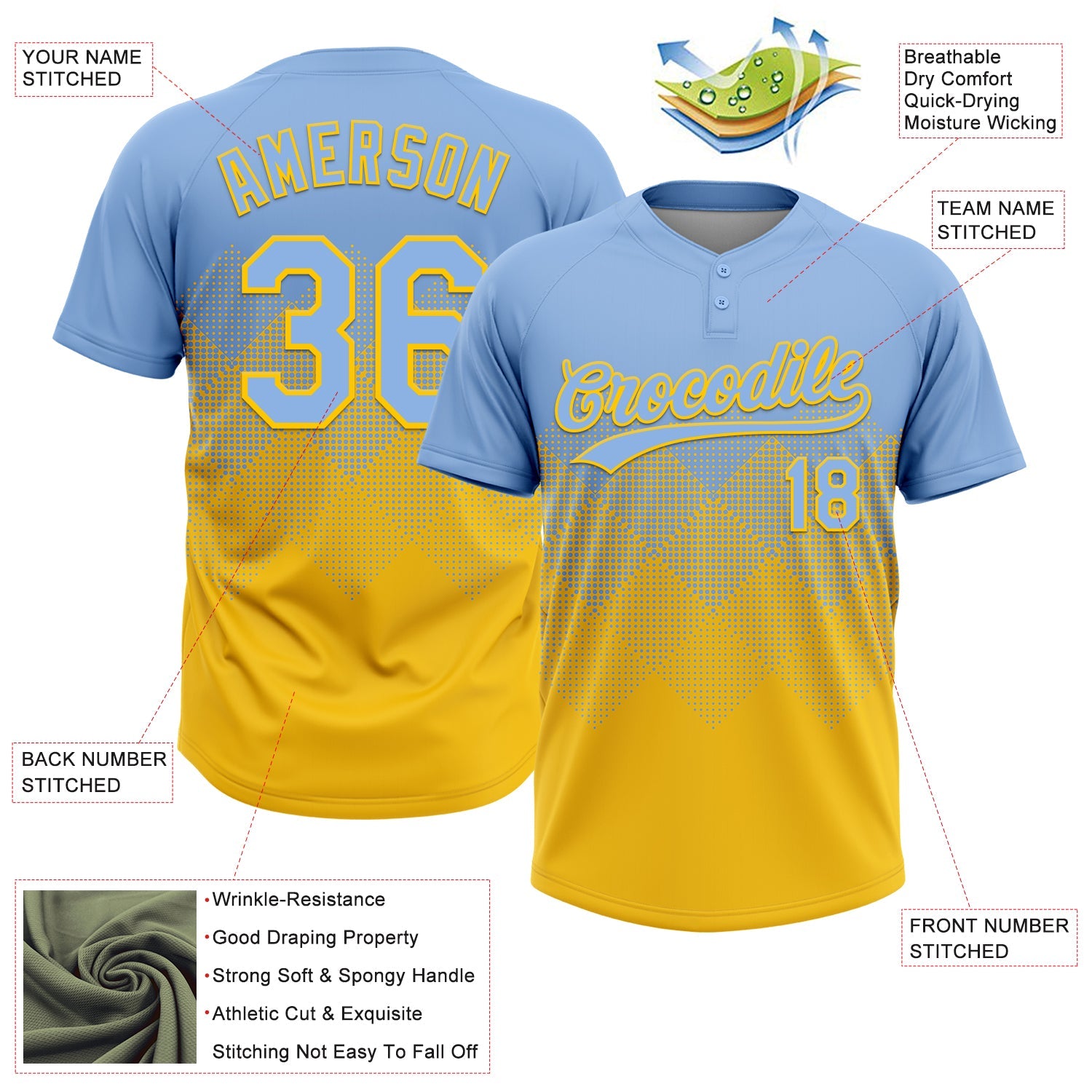 Custom Light Blue Yellow 3D Gradient Square Shape Two-Button Unisex Softball Jersey view 3