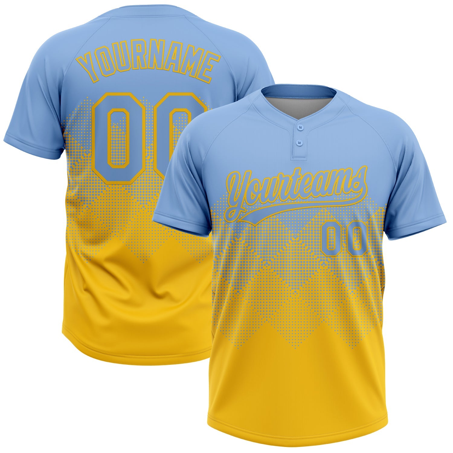 Custom Light Blue Yellow 3D Gradient Square Shape Two-Button Unisex Softball Jersey - Main View