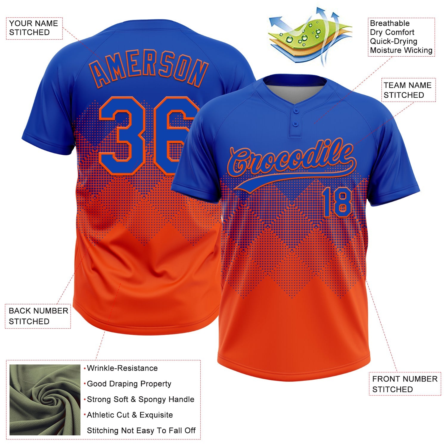 Custom Thunder Blue Orange 3D Gradient Square Shape Two-Button Unisex Softball Jersey view 3