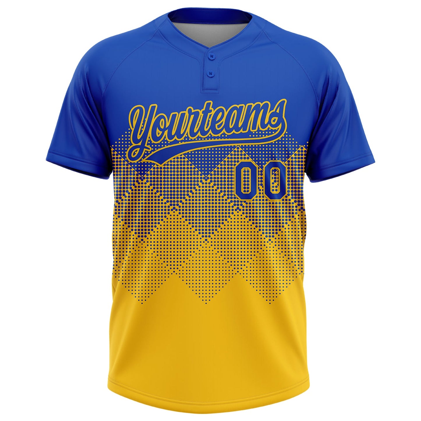 Custom Thunder Blue Yellow 3D Gradient Square Shape Two-Button Unisex Softball Jersey view 2