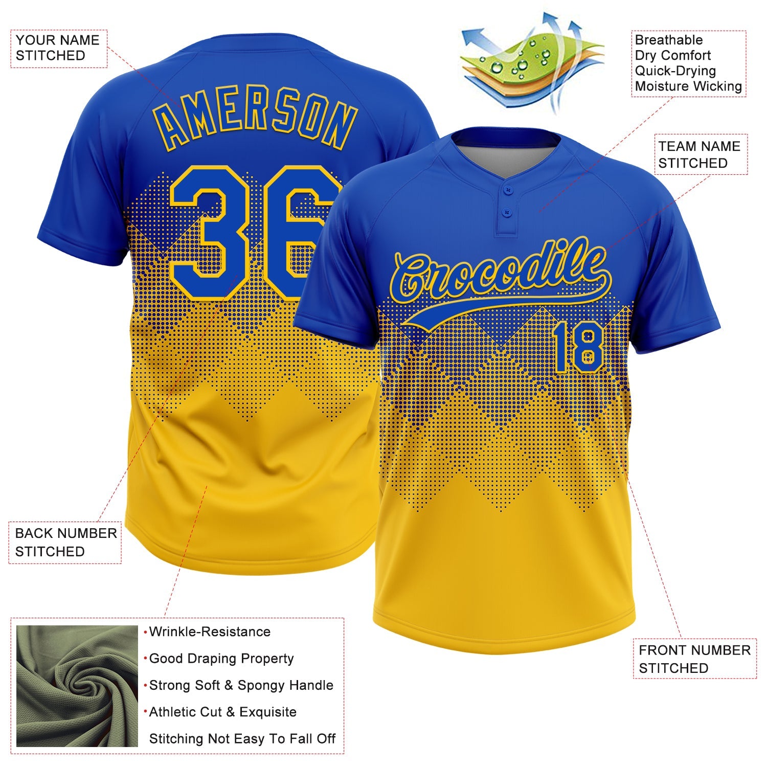 Custom Thunder Blue Yellow 3D Gradient Square Shape Two-Button Unisex Softball Jersey view 3