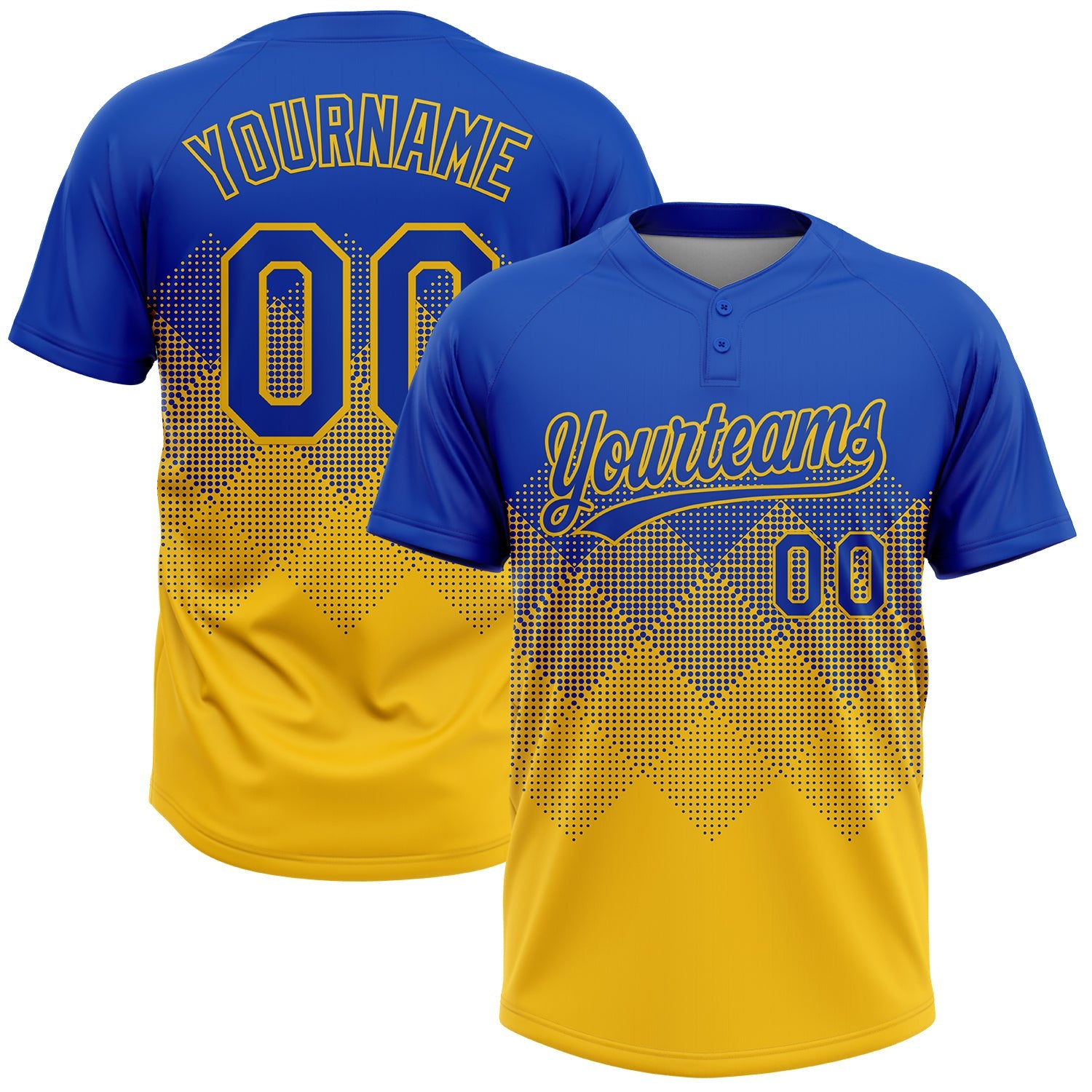 Custom Thunder Blue Yellow 3D Gradient Square Shape Two-Button Unisex Softball Jersey - Main View