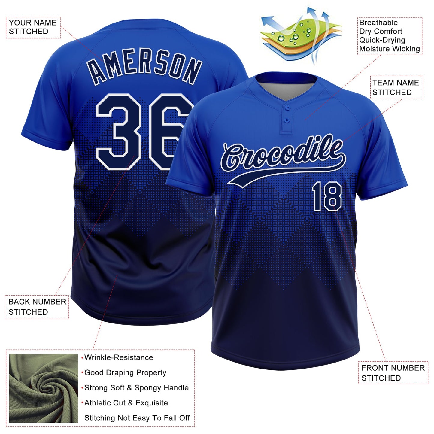 Custom Thunder Blue Navy-White 3D Gradient Square Shape Two-Button Unisex Softball Jersey view 3
