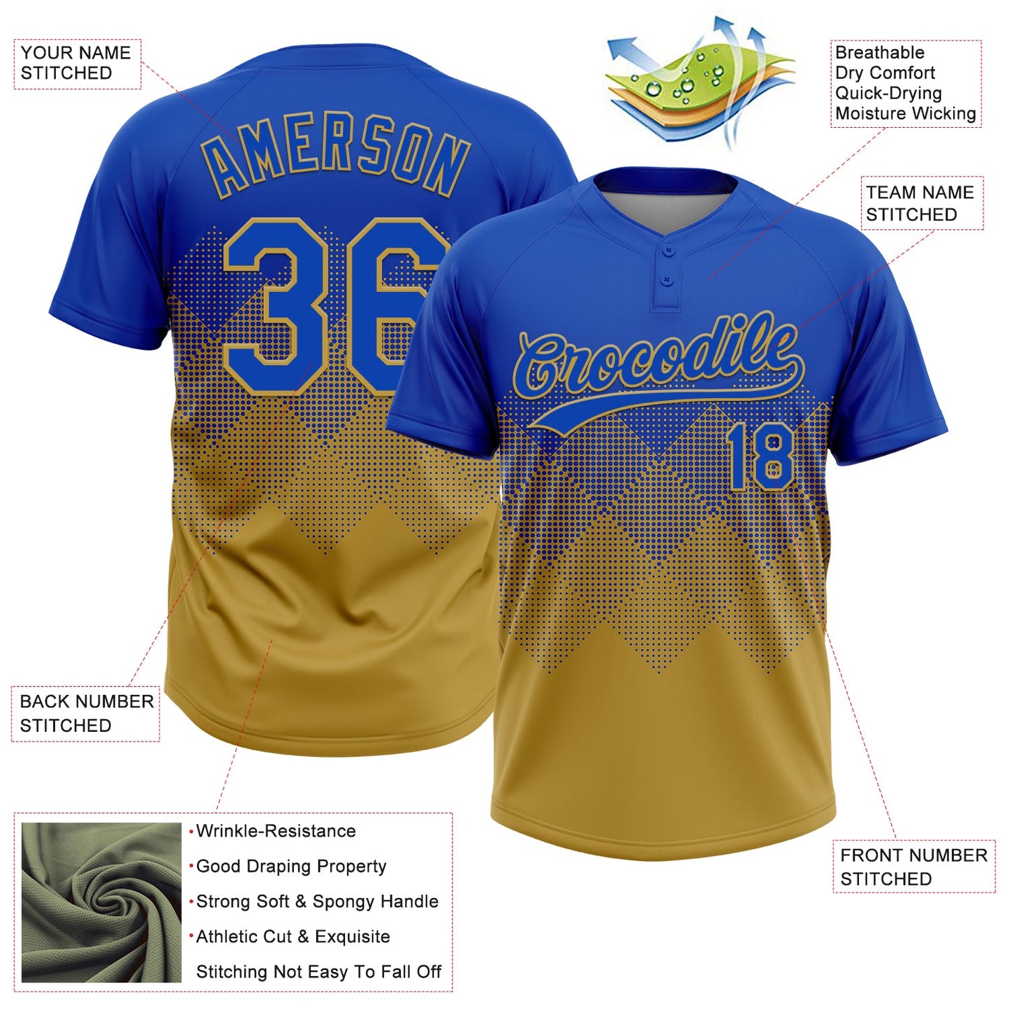 Custom Thunder Blue Old Gold 3D Gradient Square Shape Two-Button Unisex Softball Jersey view 3
