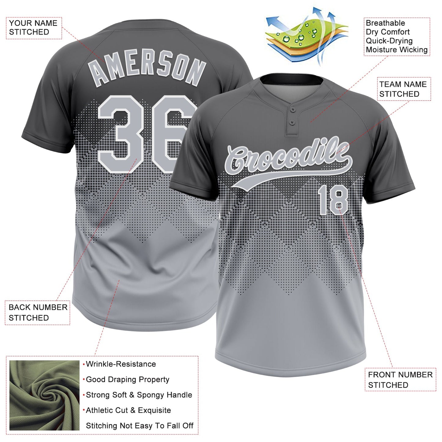 Custom Steel Gray Gray-White 3D Gradient Square Shape Two-Button Unisex Softball Jersey view 3