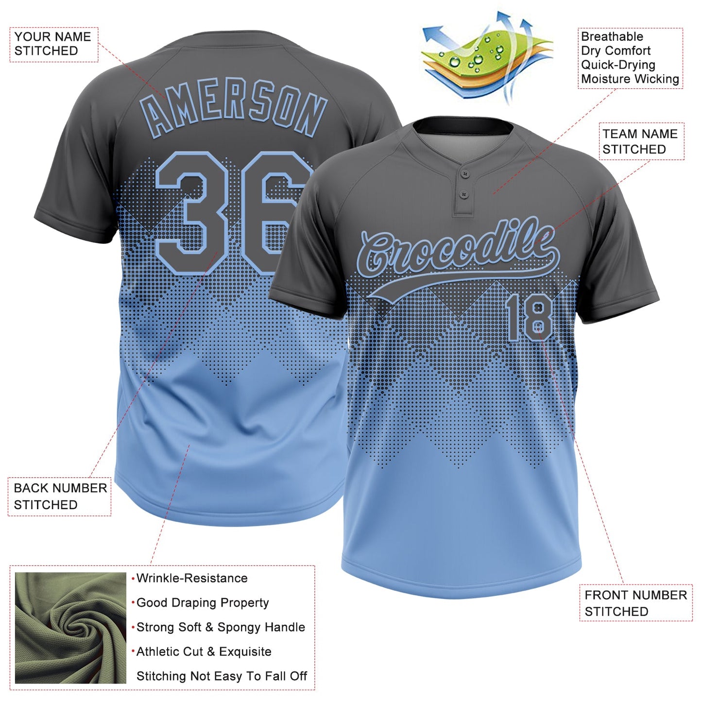 Custom Steel Gray Light Blue 3D Gradient Square Shape Two-Button Unisex Softball Jersey view 3