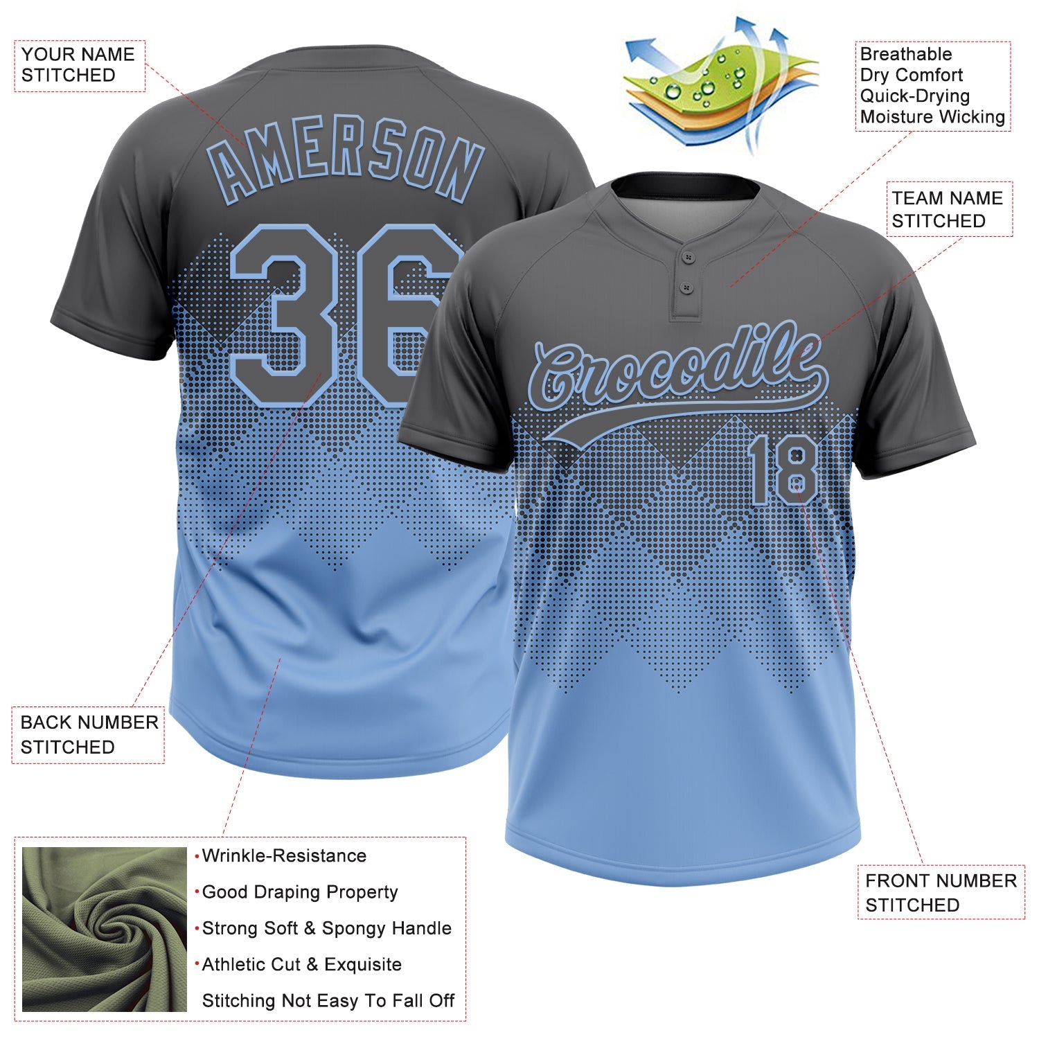 Custom Steel Gray Light Blue 3D Gradient Square Shape Two-Button Unisex Softball Jersey view 3