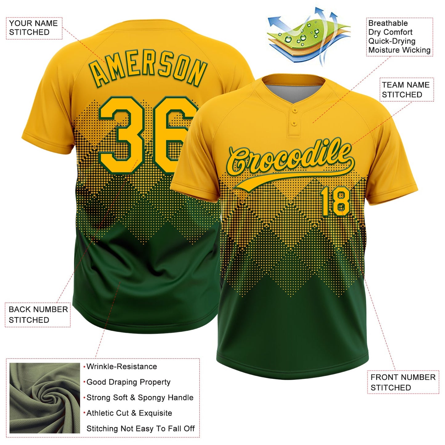 Custom Gold Green 3D Gradient Square Shape Two-Button Unisex Softball Jersey view 3