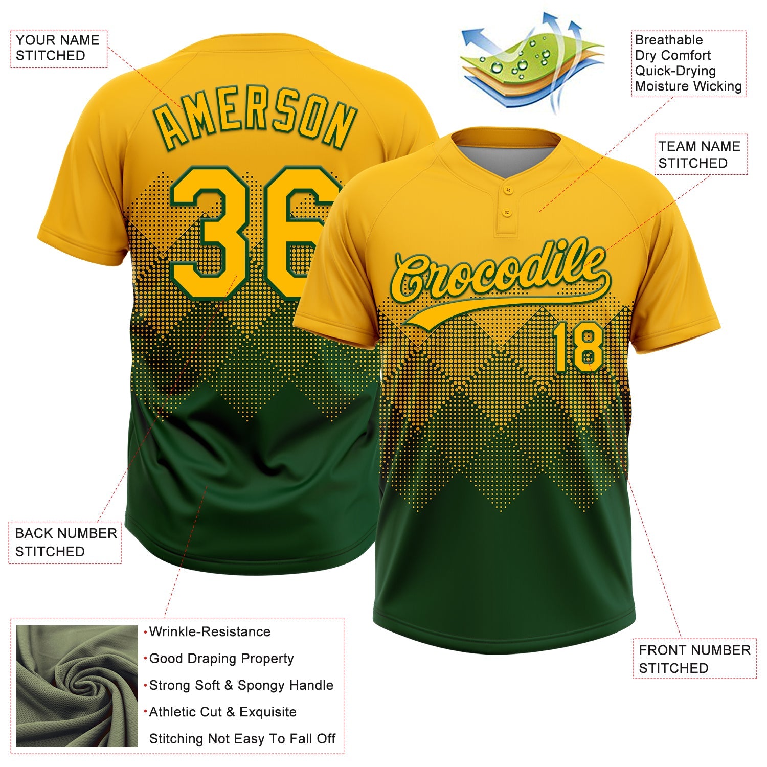 Custom Gold Green 3D Gradient Square Shape Two-Button Unisex Softball Jersey view 3